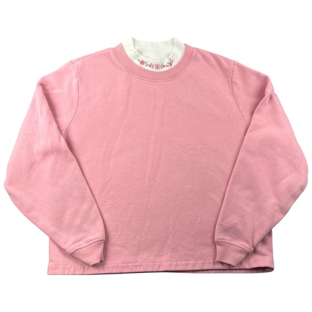 Vintage Blair Pink Mock Neck Sweatshirt Floral Trim Cottagecore Y2K - XL